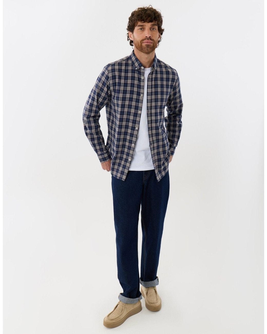 Threadbare Blue Brushed Flannel Long Sleeve Shirt for men