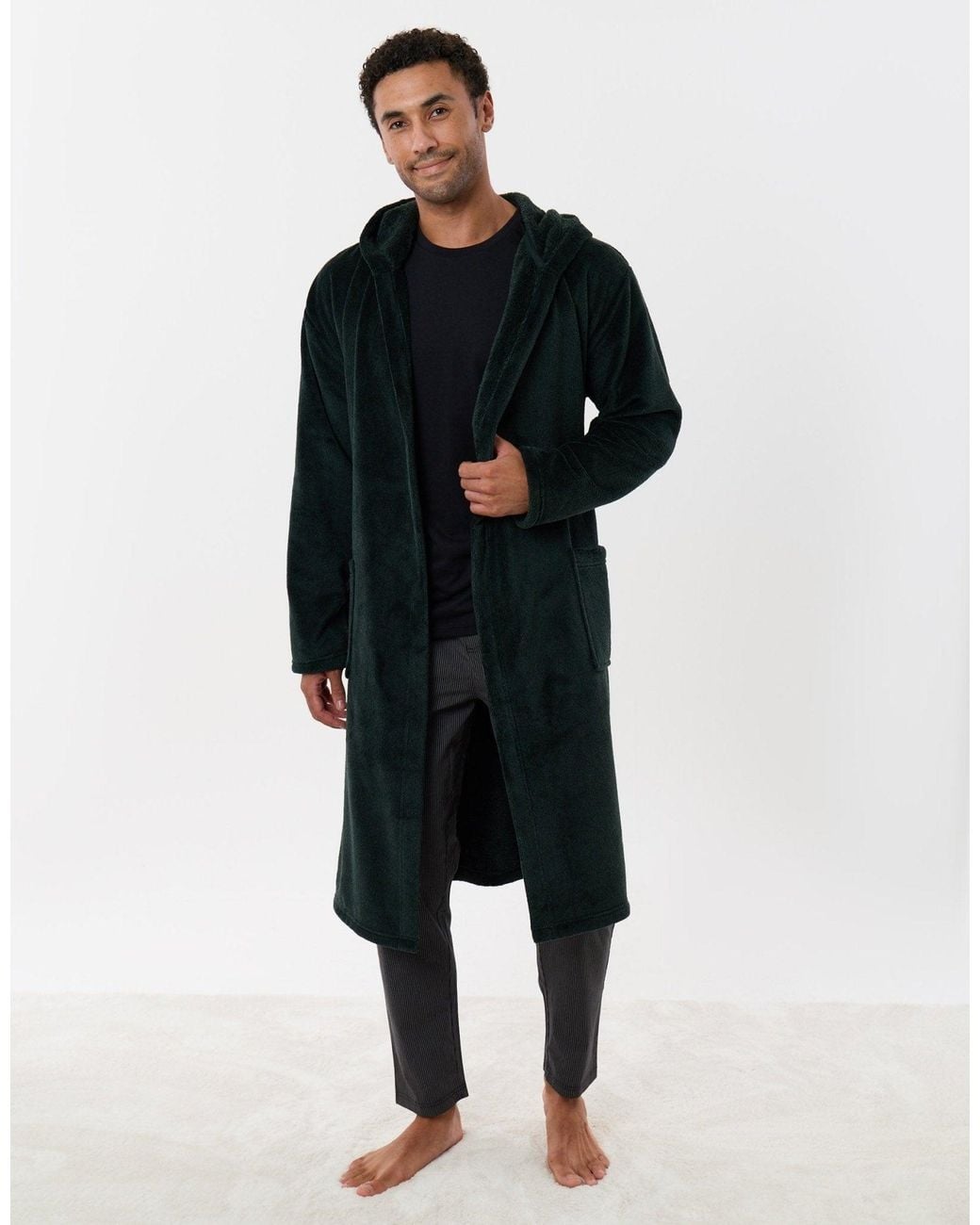 Threadbare Black Hooded Fleece Dressing Gown for men