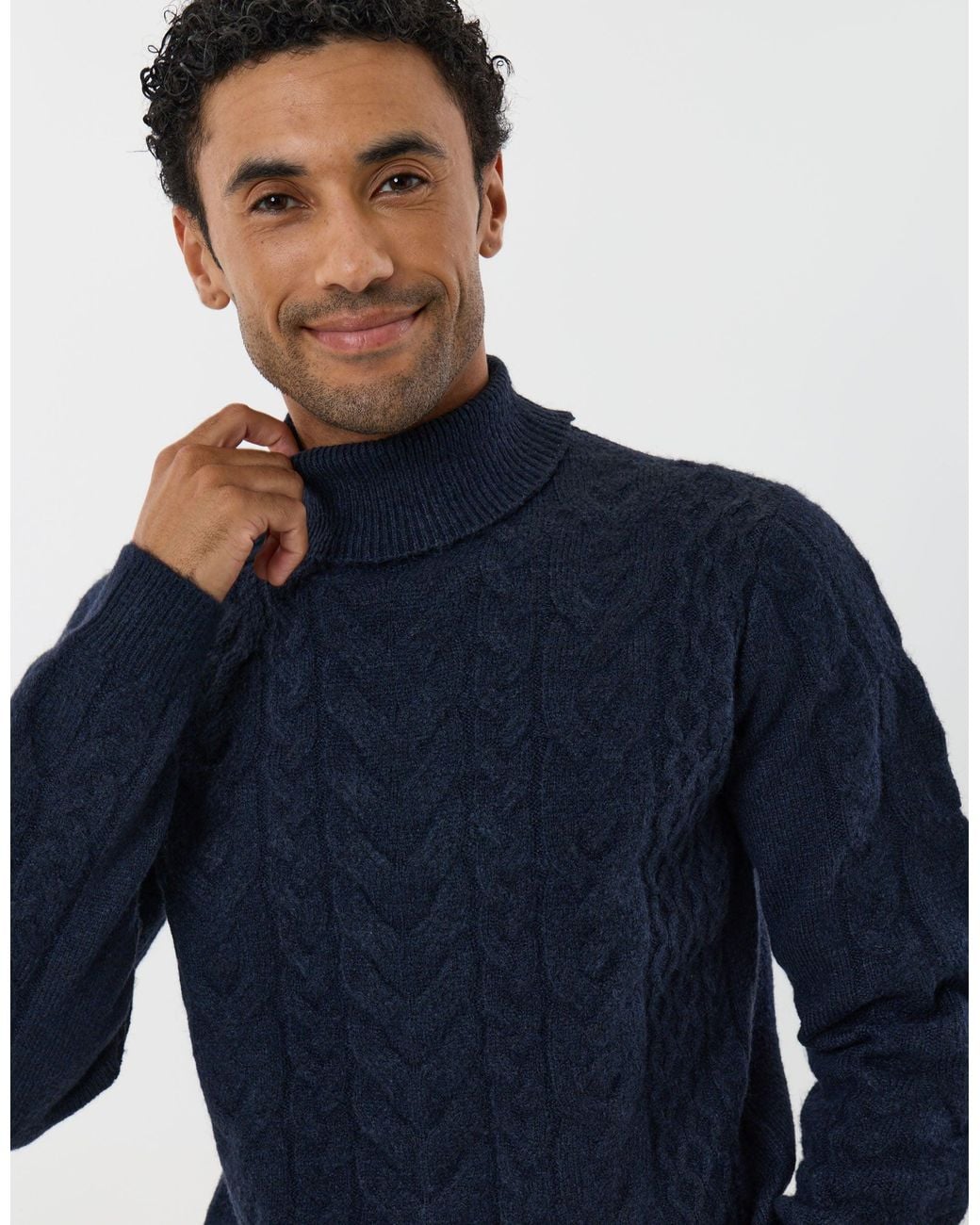 Threadbare Blue Cable Knit Roll Neck Jumper for men