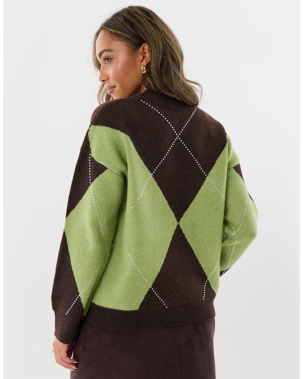 Threadbare Green Diamanté Embellished Argyle Knitted Jumper