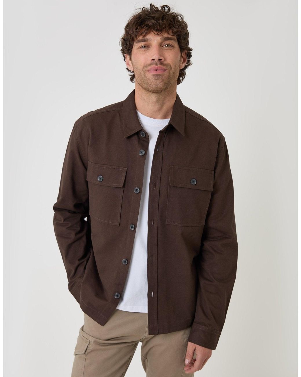 Threadbare Brown Cotton Twill Shacket With Pockets for men