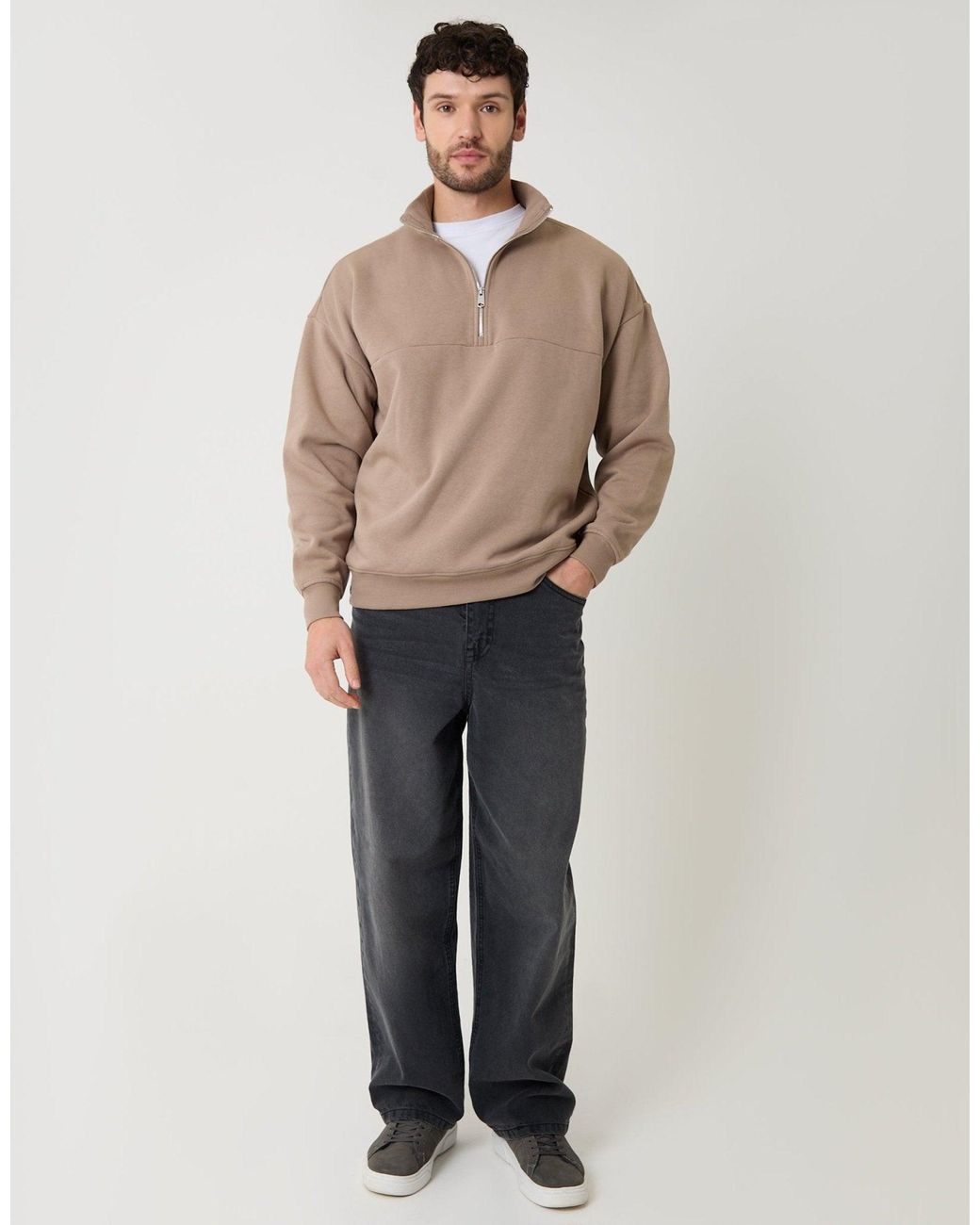 Threadbare Natural Relaxed Fit Half Zip Sweatshirt for men