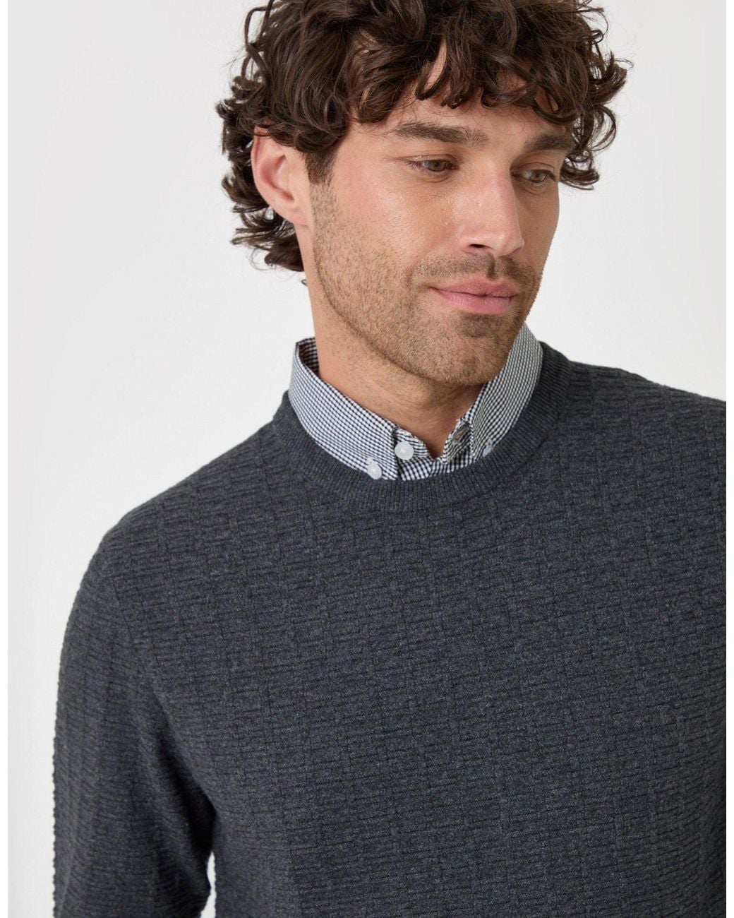 Threadbare Gray Cotton Rich Mock Shirt Crew Neck Jumper for men