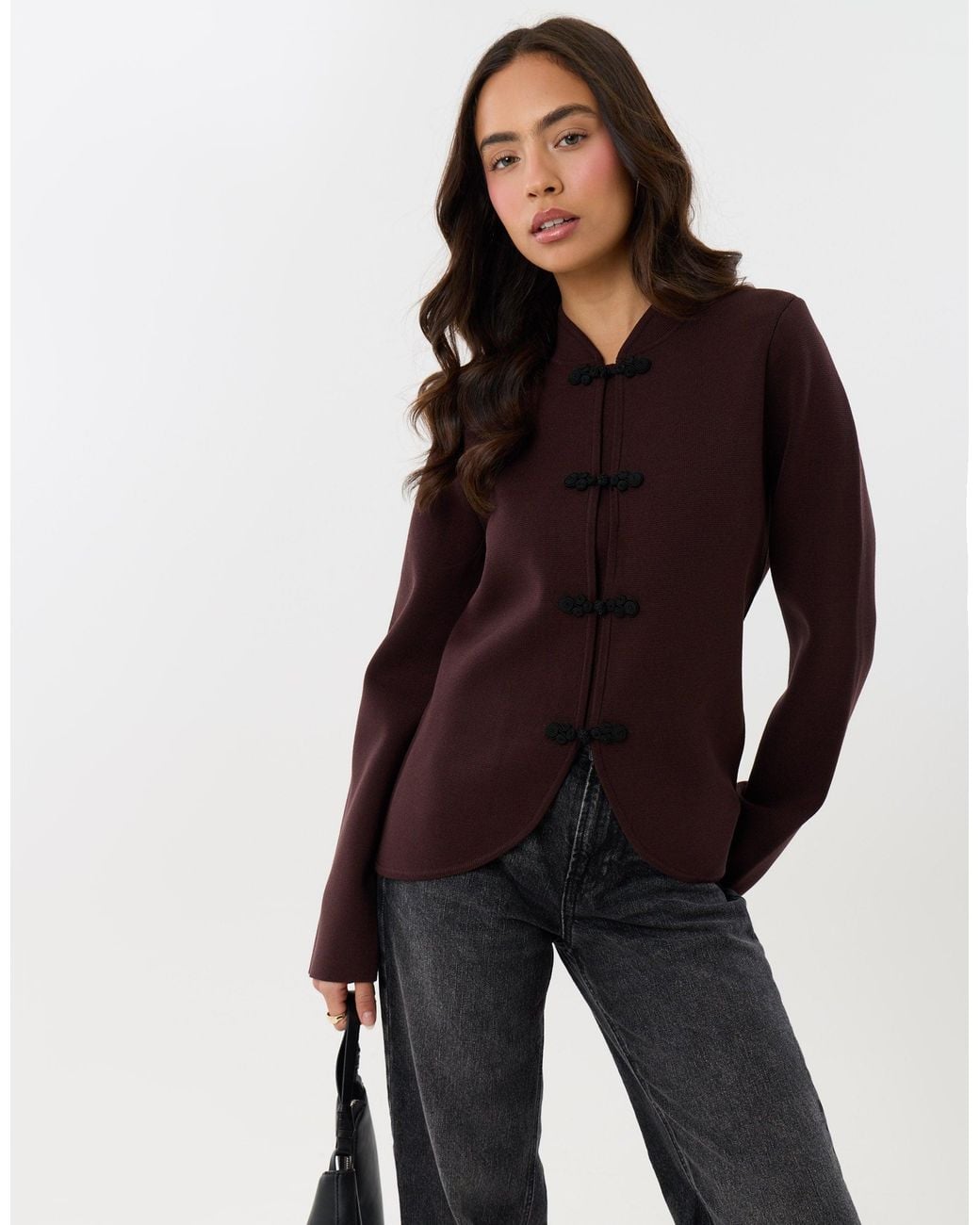 Threadbare Brown Curved Hem Mandarin Style Cardigan