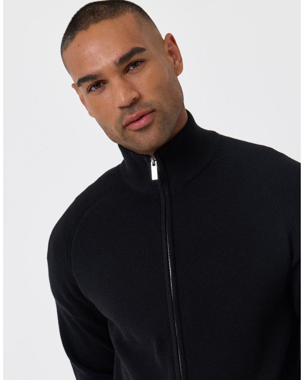 Threadbare Blue Knitted Zip Up Funnel Neck Cardigan for men