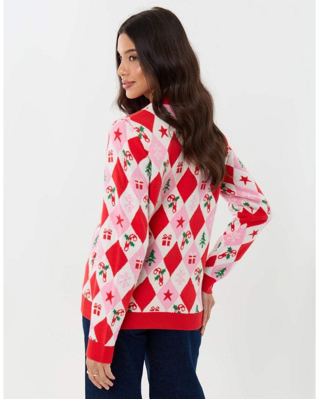 Threadbare Red Festive Argyle Knitted Christmas Jumper