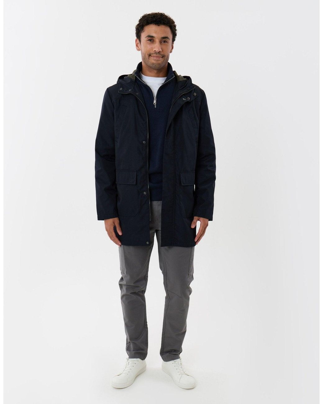 Threadbare Blue Showerproof Hooded Longline Mac With Patch Pockets for men