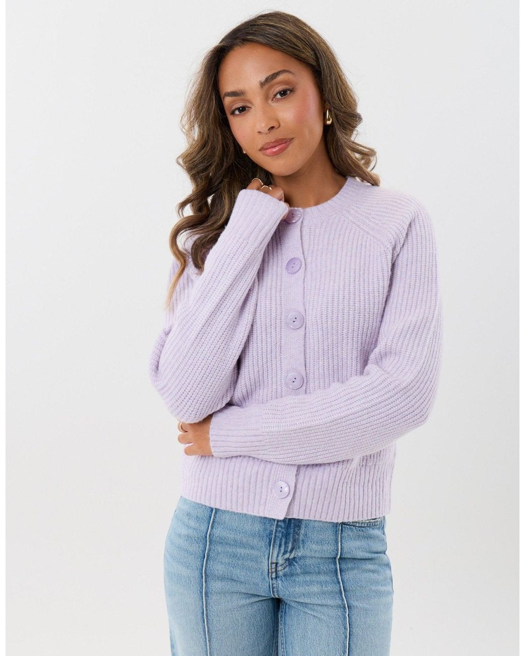 Threadbare Purple Chunky Knit Crew Neck Cardigan