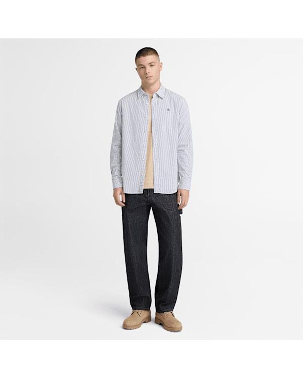 Timberland White Long-Sleeve Seersucker Striped Shirt For for men