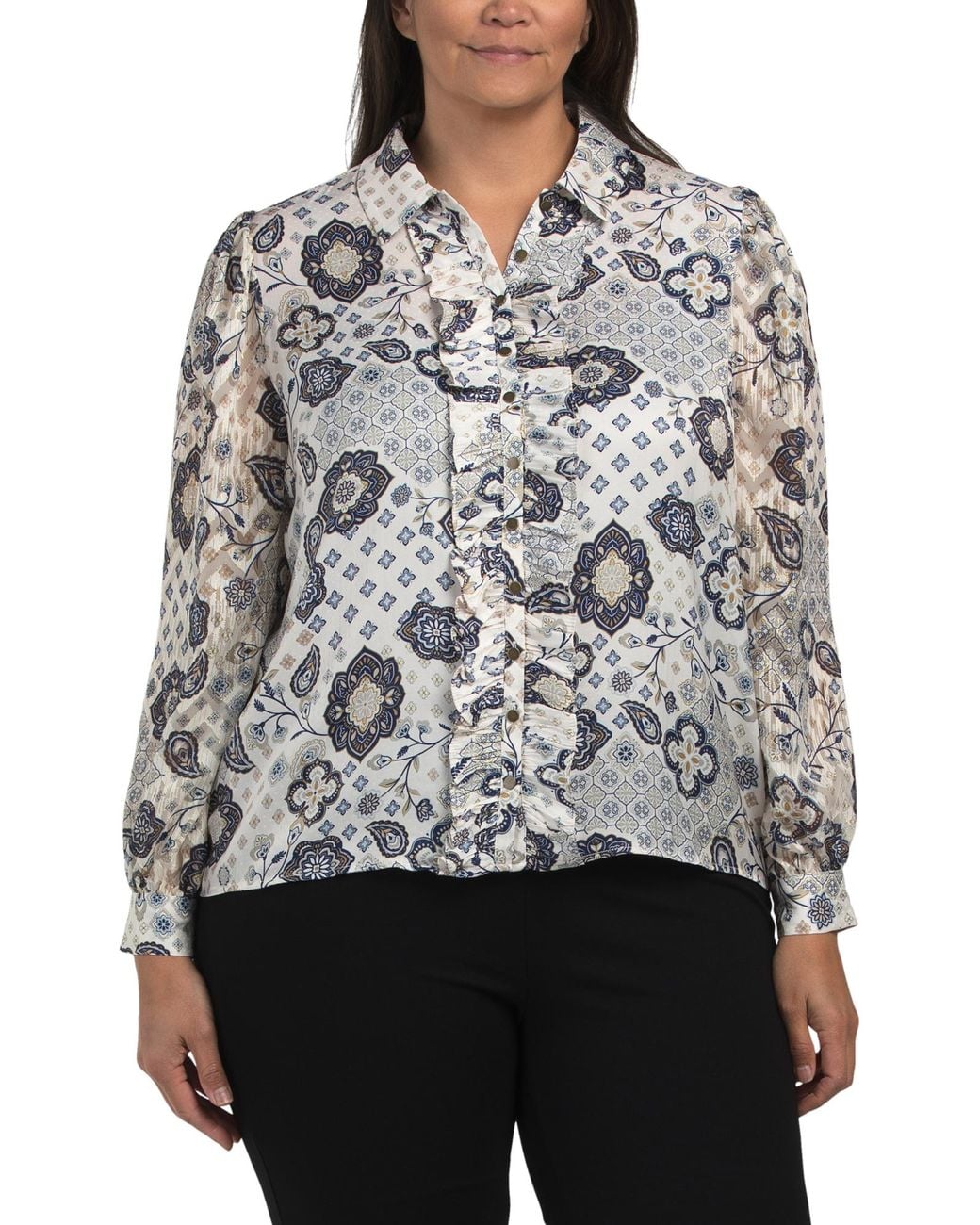 Tj Maxx Gray Plus Printed Charmeuse Blouse For Polyester