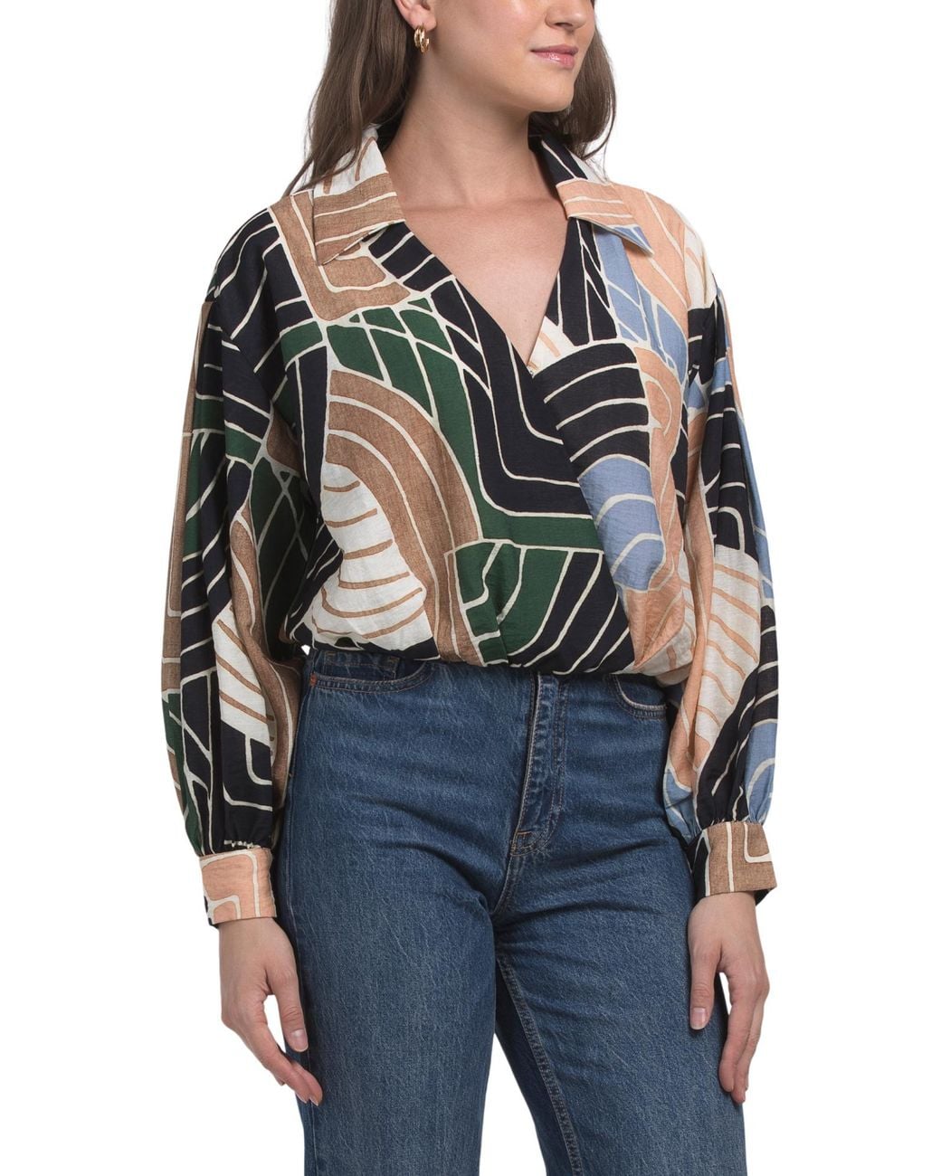 Tj Maxx Blue Emarae Split Print Top For Nylon/Polyester/Linen