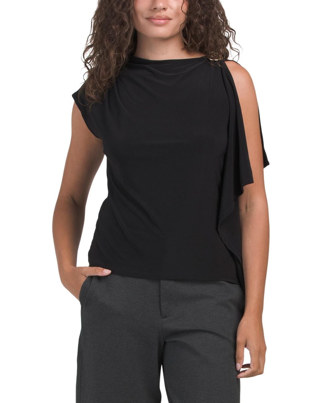 Tj Maxx Black Asymmetrical Drape Top For Spandex/Polyester