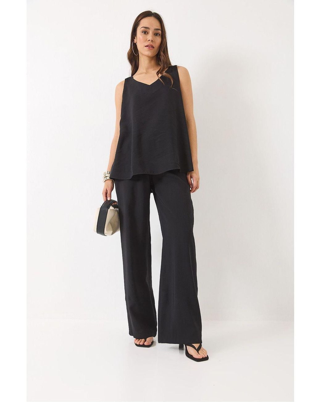 Bianco Lucci Blue V-Neck Cotton Blouse-Pants Two-Piece Set