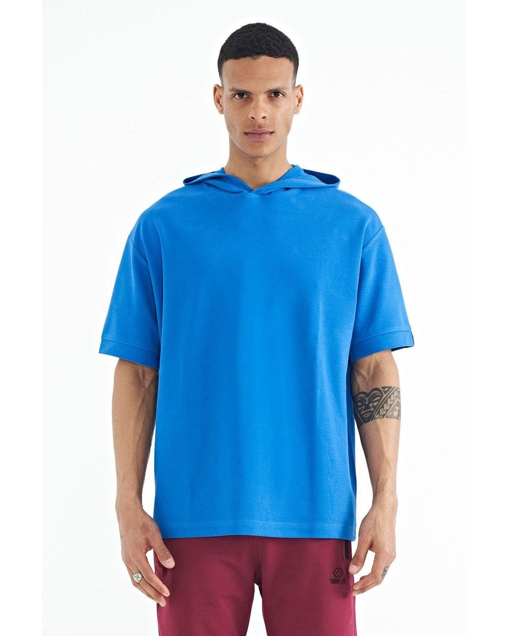 TOMMY LIFE Blue Oversized Hooded T-Shirt With Accessory Details for men