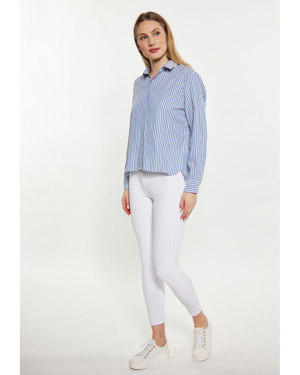 Dreimaster Blouse Dames Blauw Wol Wit in het Blue