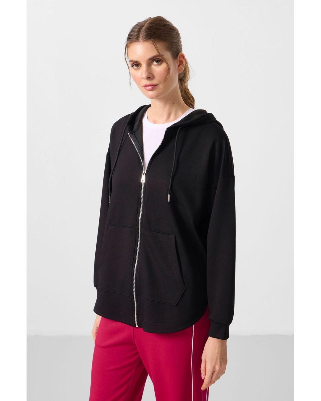 TOMMY LIFE Black Oversized Hooded Long-Sleeve Zip Tunic Top