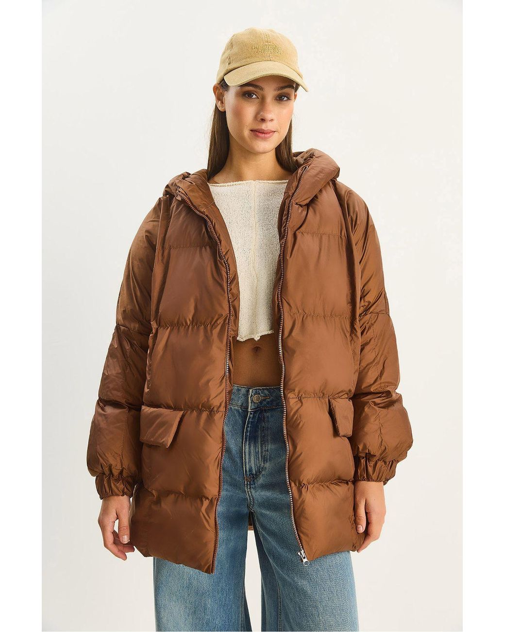 Bianco Lucci Brown Hooded Oversized Thick Puffer Jacket