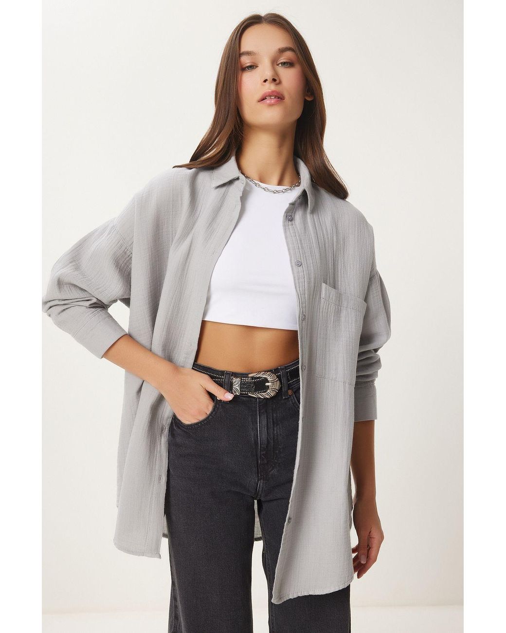 Happiness İstanbul Gray Oversized Textured Cotton Shirt With Pocket