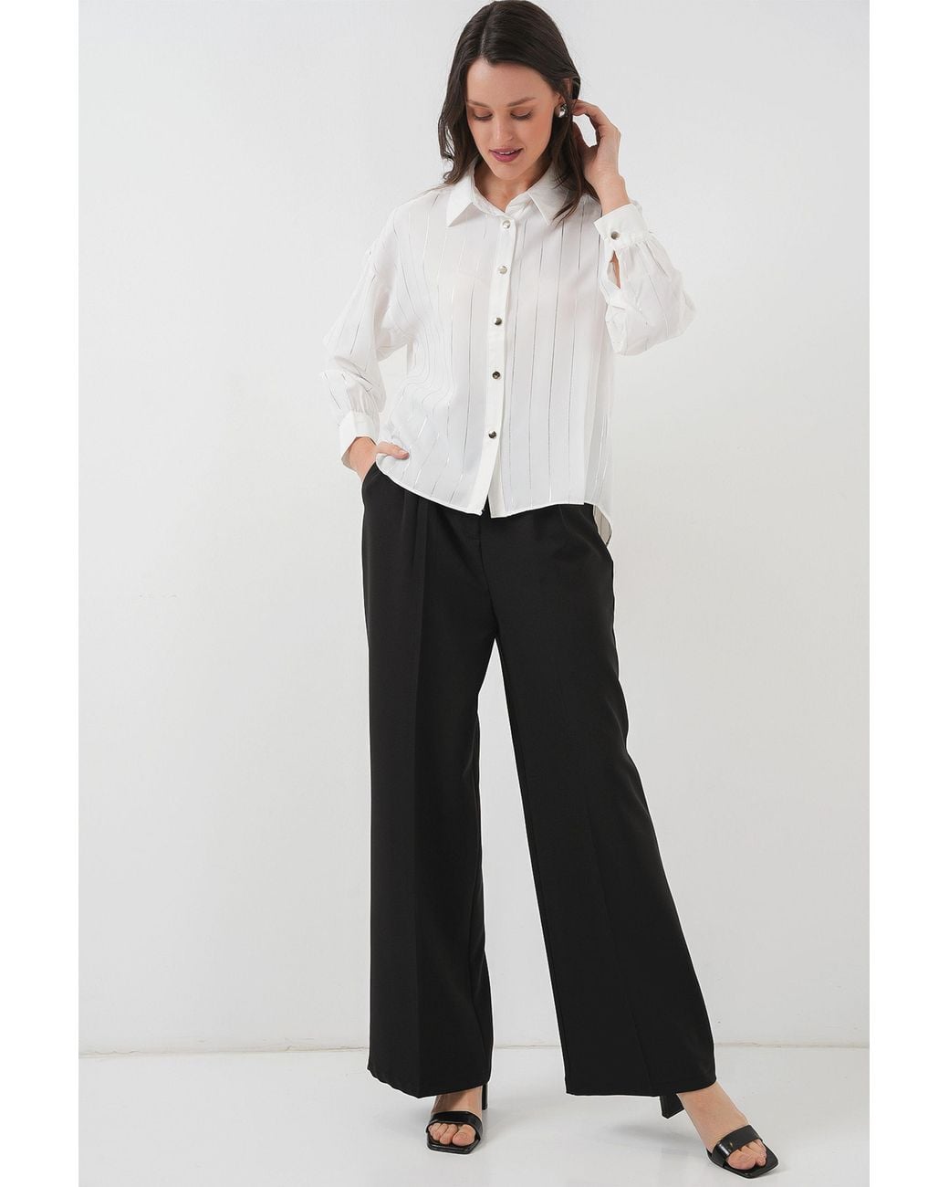 Bigdart White Loose Fit Striped Poplin Shirt With Button Closure