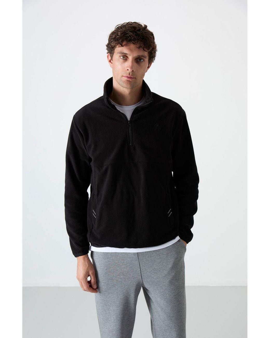 TOMMY LIFE Black Slim Fit Half-Zip Plush Sweatshirt for men