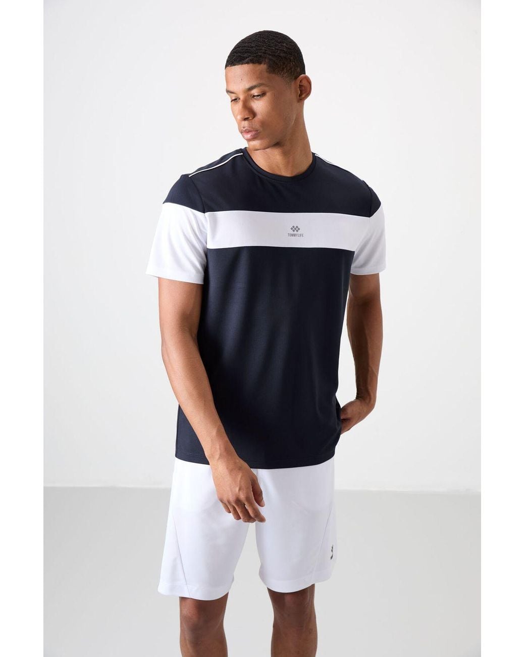TOMMY LIFE Blue Color Block Crew Neck T-Shirt for men