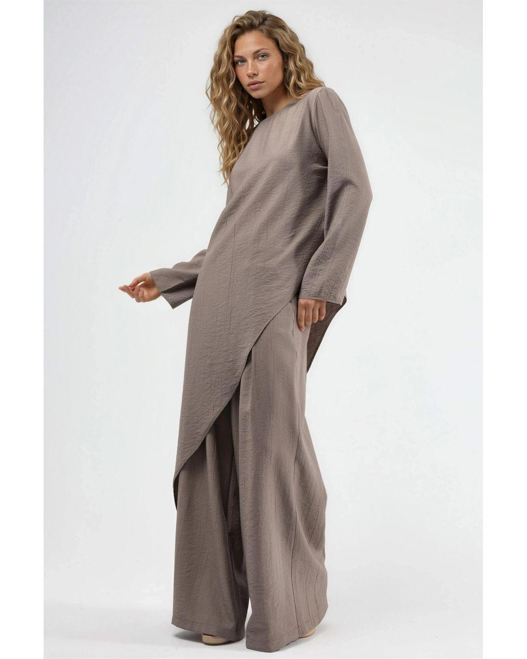 Busem Brown Textured Button-Up Long Sleeve Tunic
