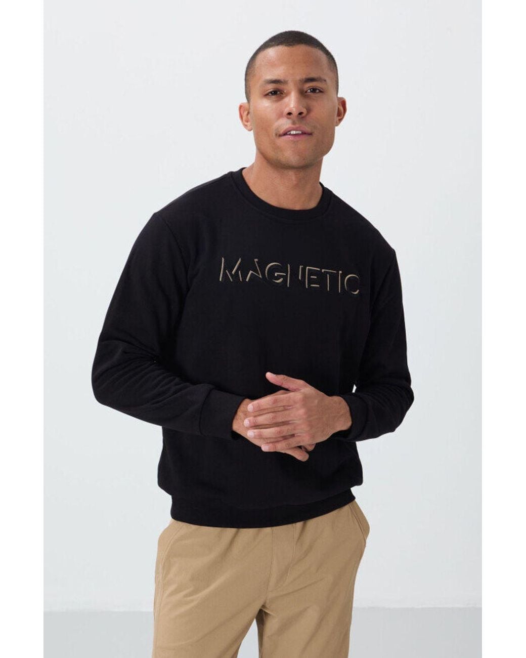 TOMMY LIFE Black Printed Crew Neck Sweatshirt for men