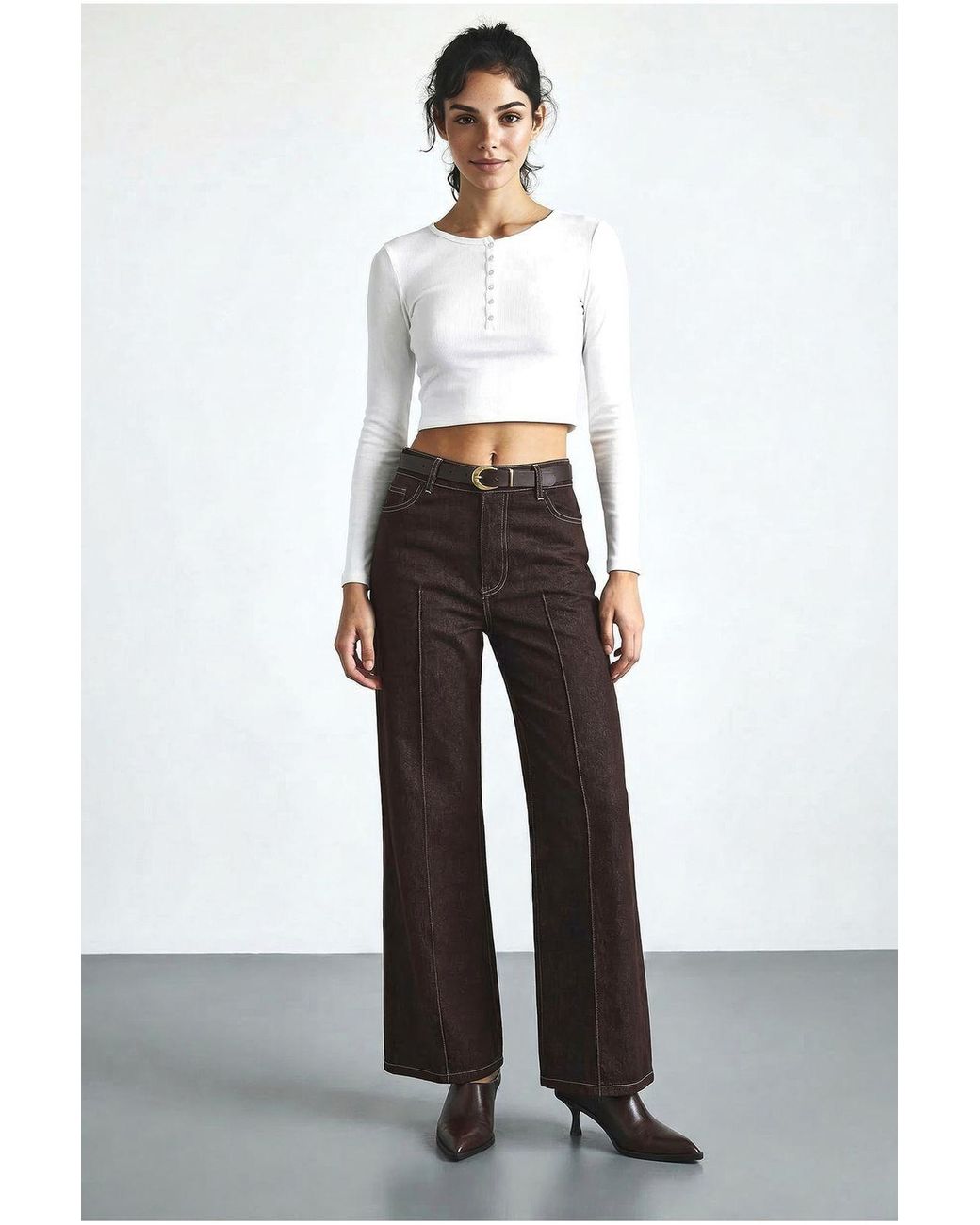 Bianco Lucci White High Waist Wide Leg Denim Trousers With Belt