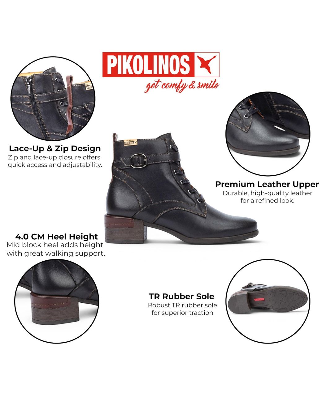 Pikolinos Black Leather Lace-Up Mid-Heel Ankle Boots