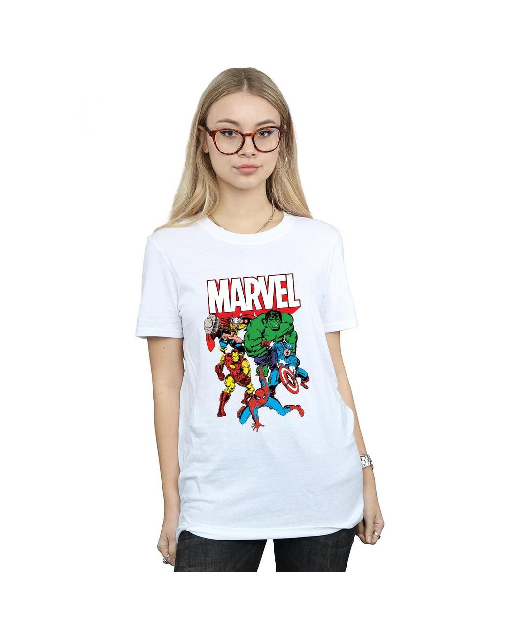 Marvel White Ladies Hero Group Cotton Boyfriend T-Shirt