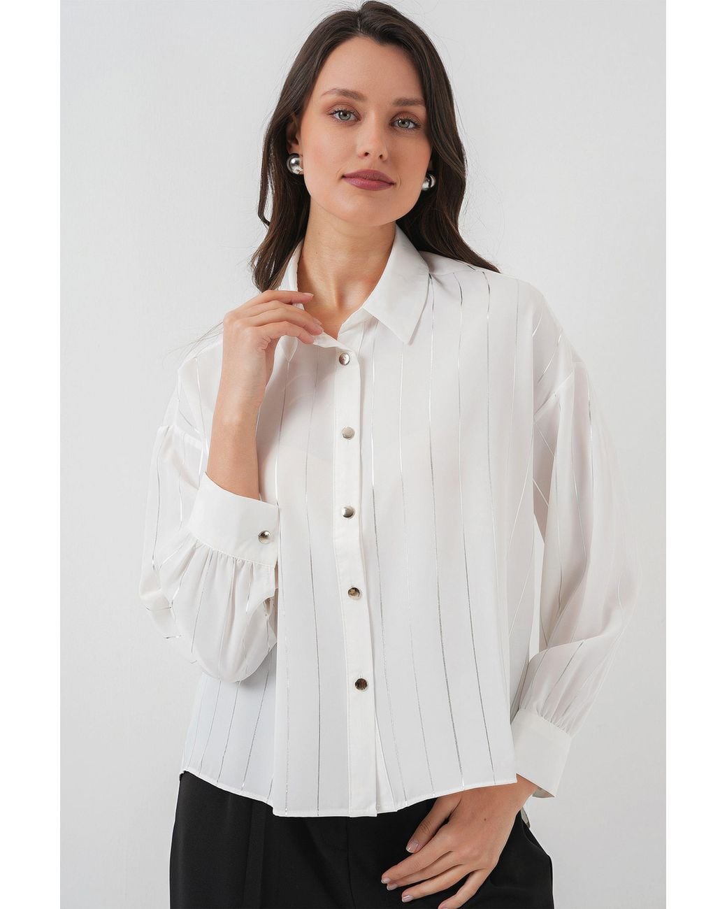 Bigdart White Loose Fit Striped Poplin Shirt With Button Closure