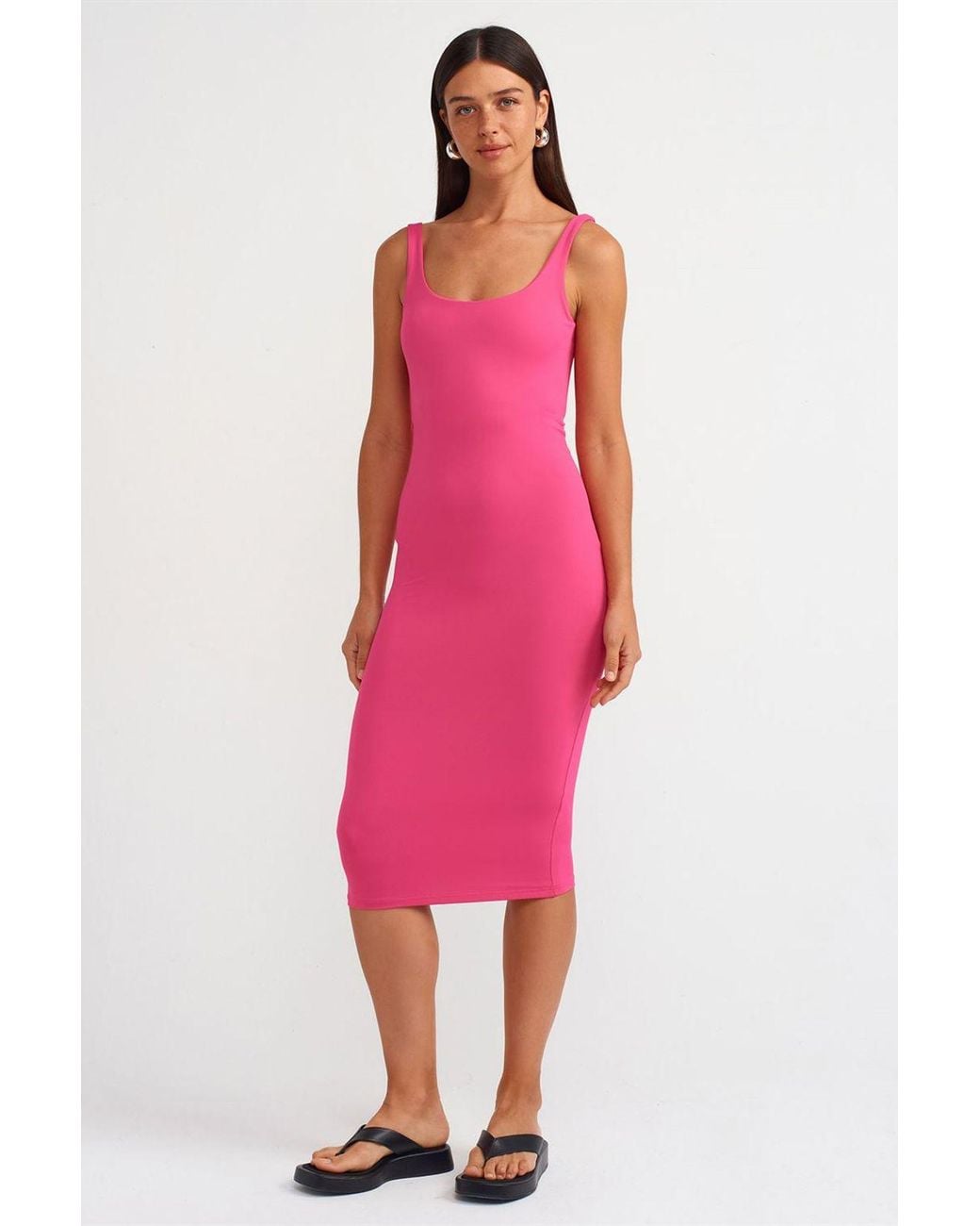 Dilvin Pink Sleeveless Bodycon Midi Dress