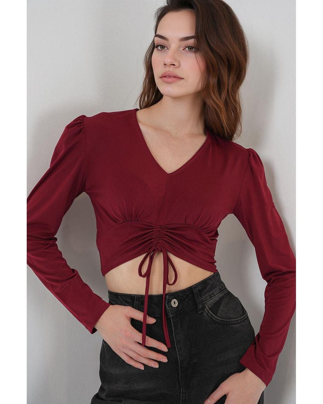 Bigdart Textured V-Neck Crop Top With Ruffle Detail
