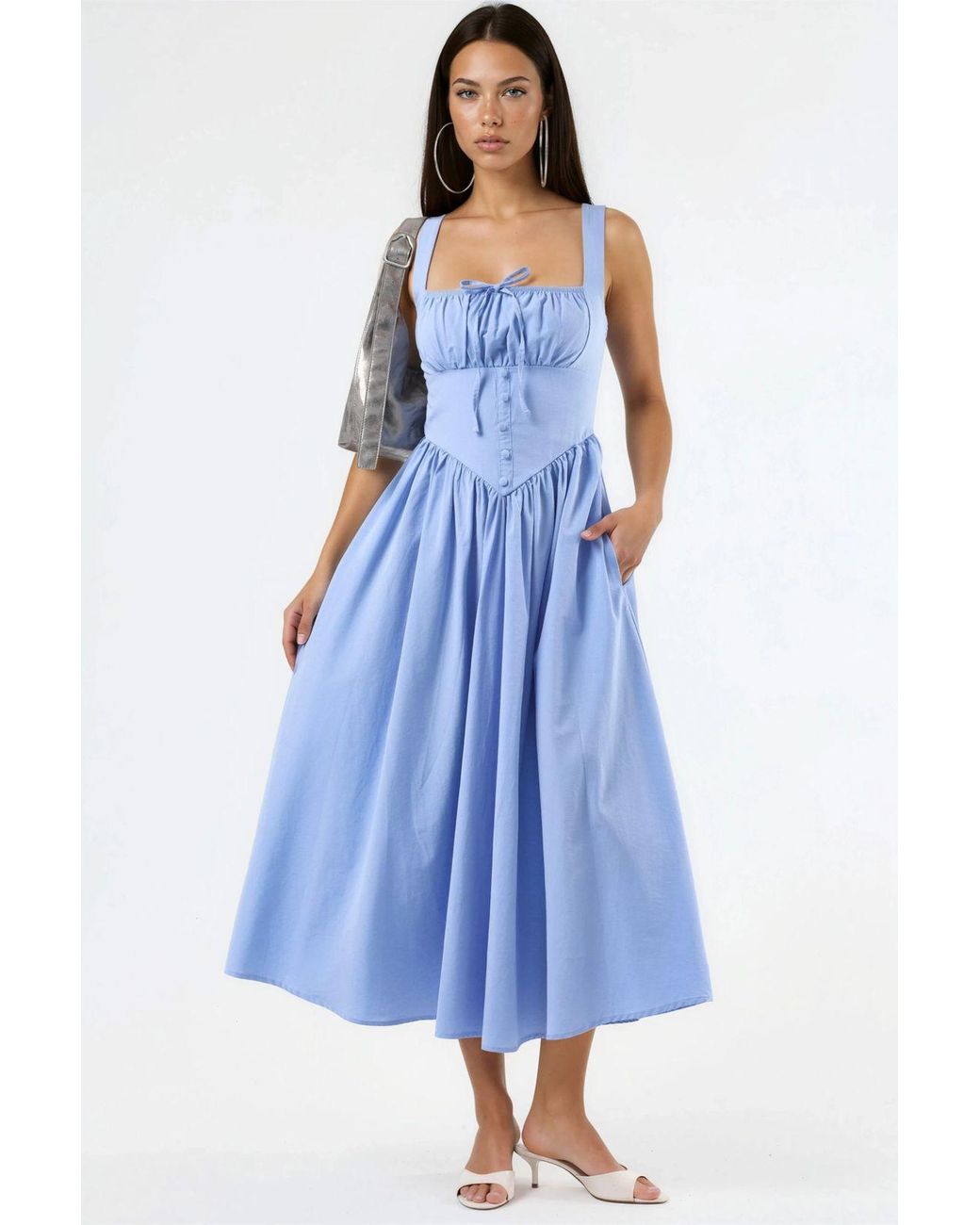Busem Blue Midi Dress With Square Collar And Button Detail