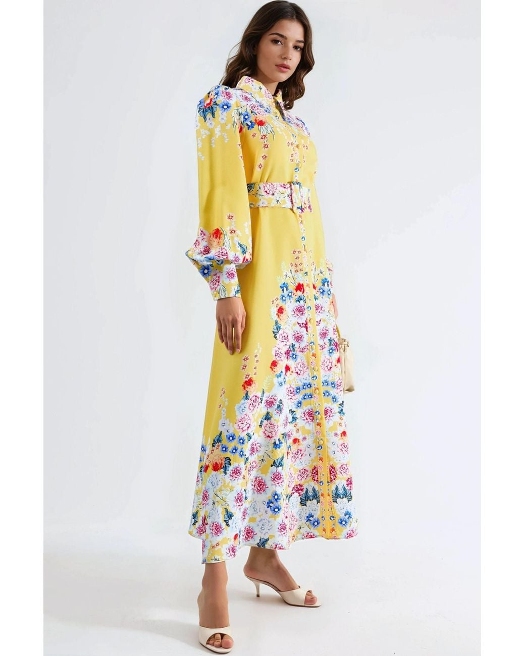 Msn-Collection White Floral Maxi Dress With Button Closure