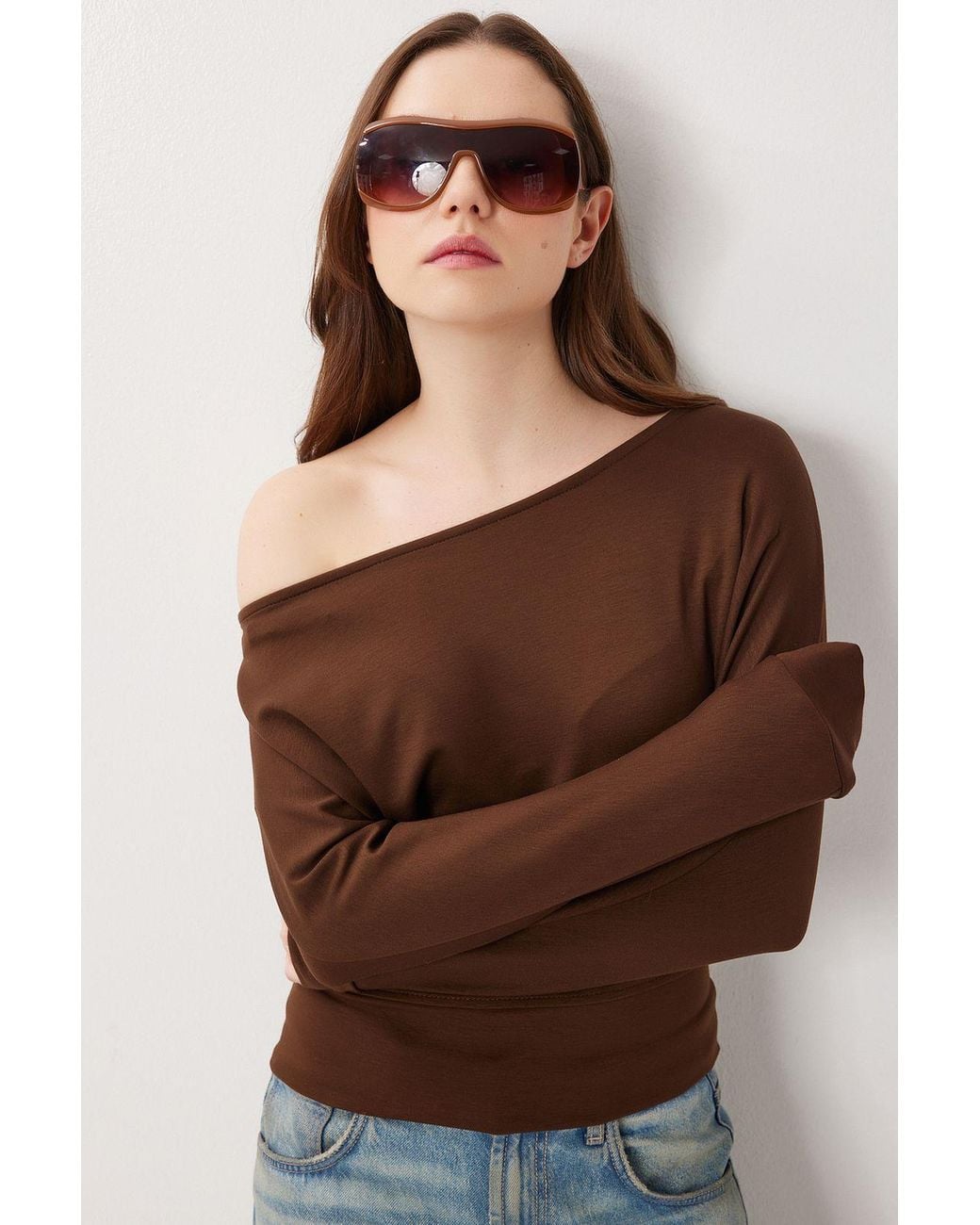 Happiness İstanbul Brown Asymmetrical Collar Relaxed Fit Blouse