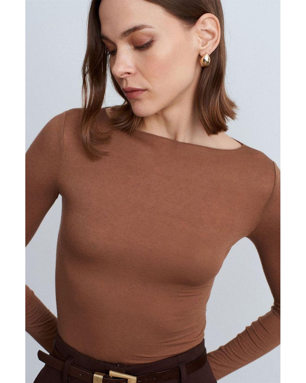Dilvin Brown Slim Fit Boat Neck Long Sleeve Knit Blouse