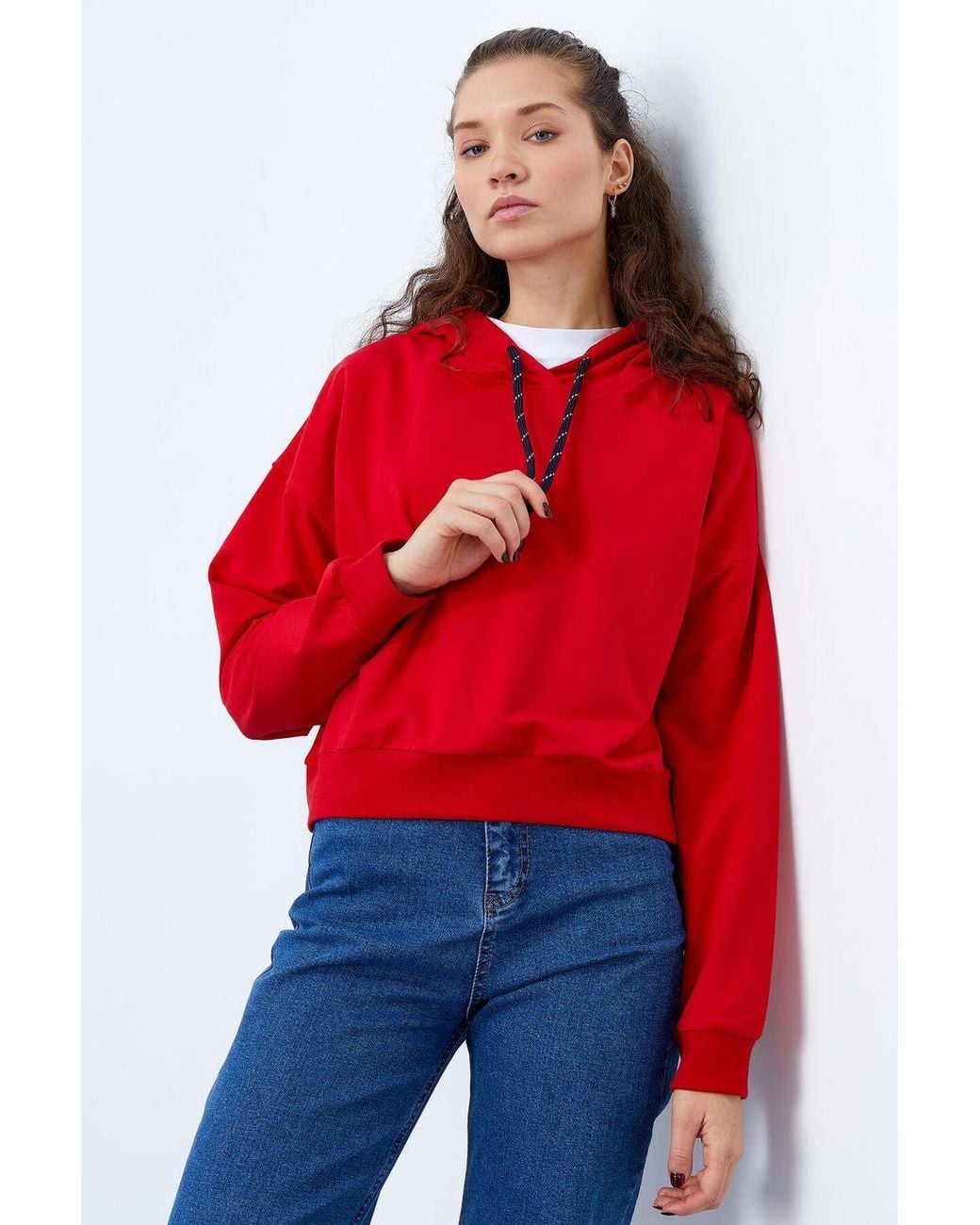 TOMMY LIFE Red Relaxed Hooded Sweatshirt With Tie Detail