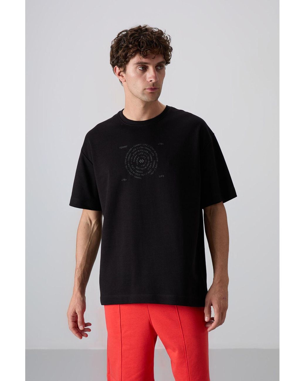 TOMMY LIFE Red Oversized Cotton-Blend Crew Neck T-Shirt for men