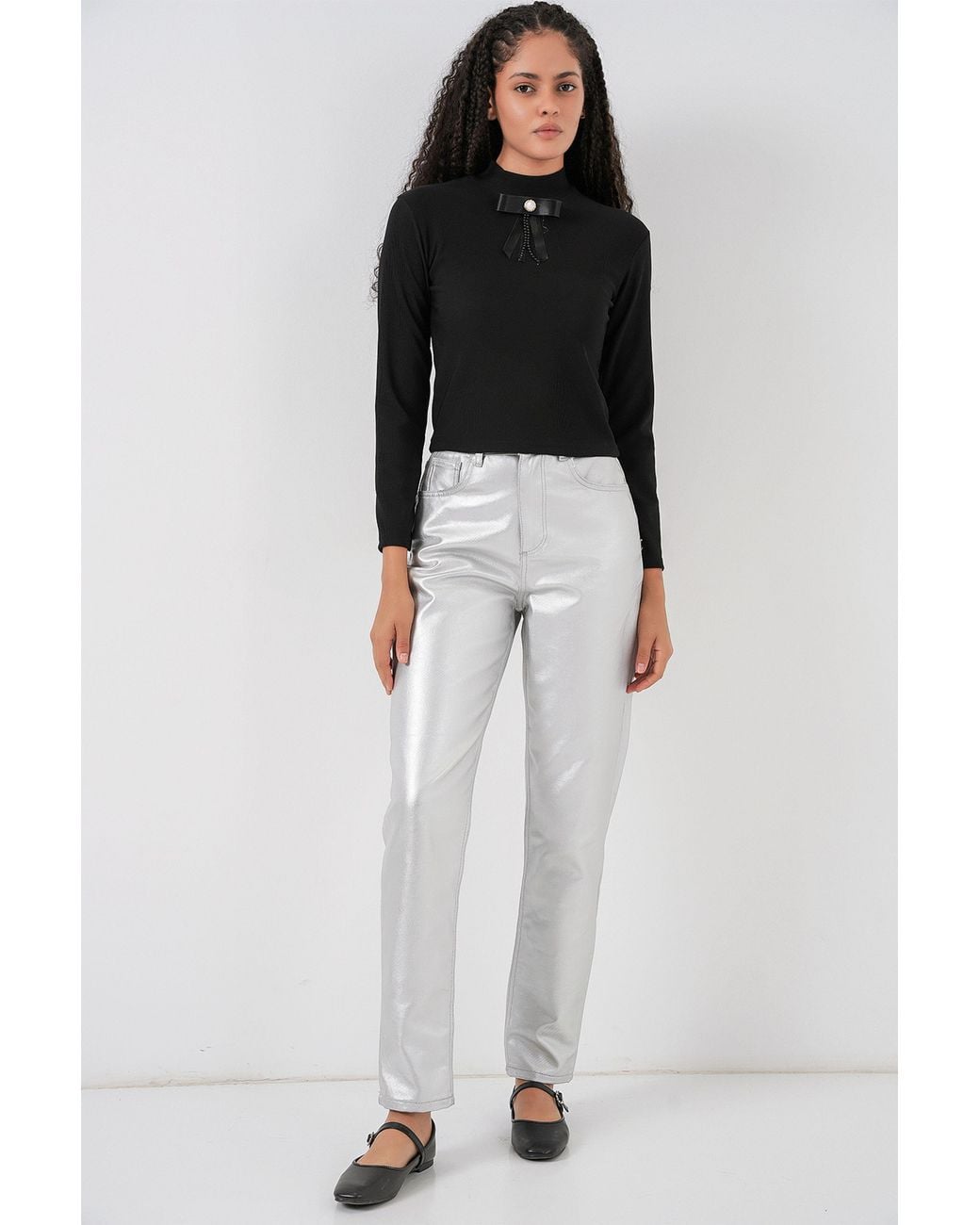 Bigdart Black Fitted Long Sleeve Half Turtleneck Blouse With Ribbon Detail