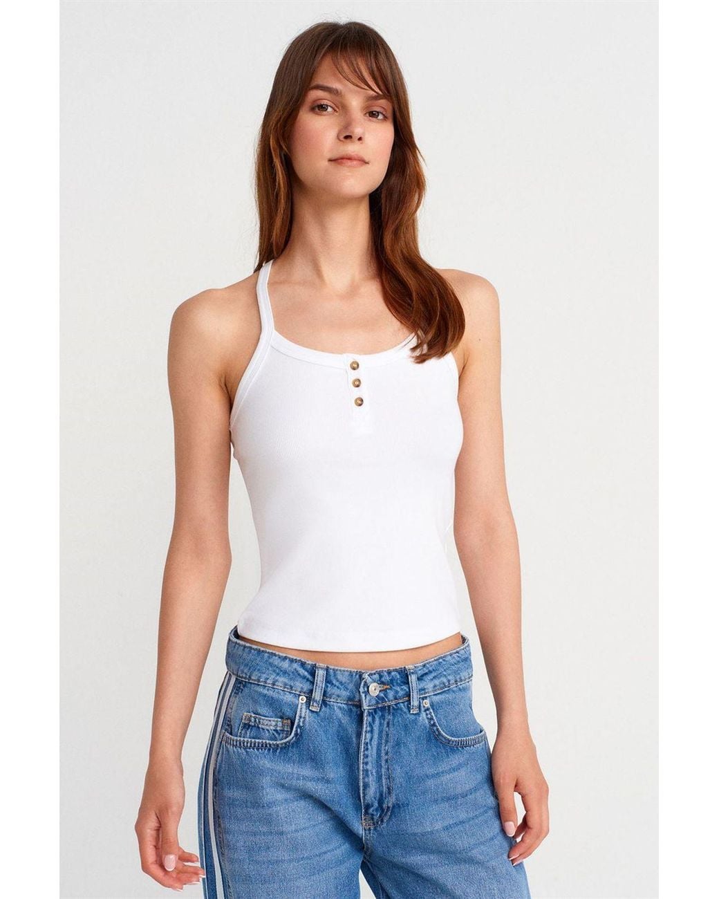 Dilvin White Slim Fit Ribbed Knit Cami Blouse