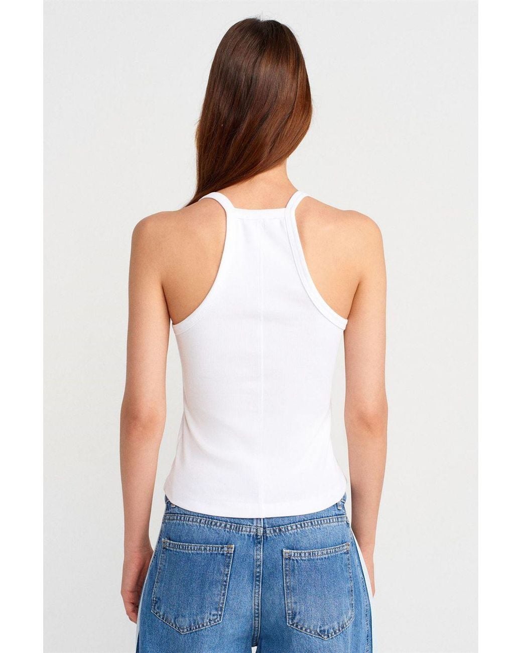 Dilvin White Slim Fit Ribbed Knit Cami Blouse