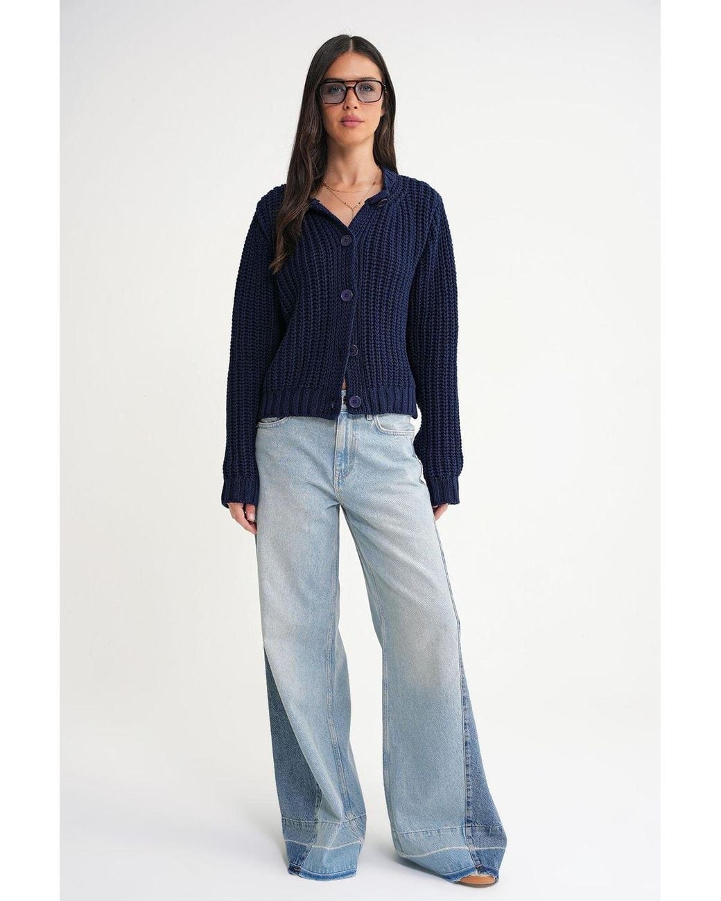 MixRay Blue Textured Ribbed Knit Cardigan With Buttons