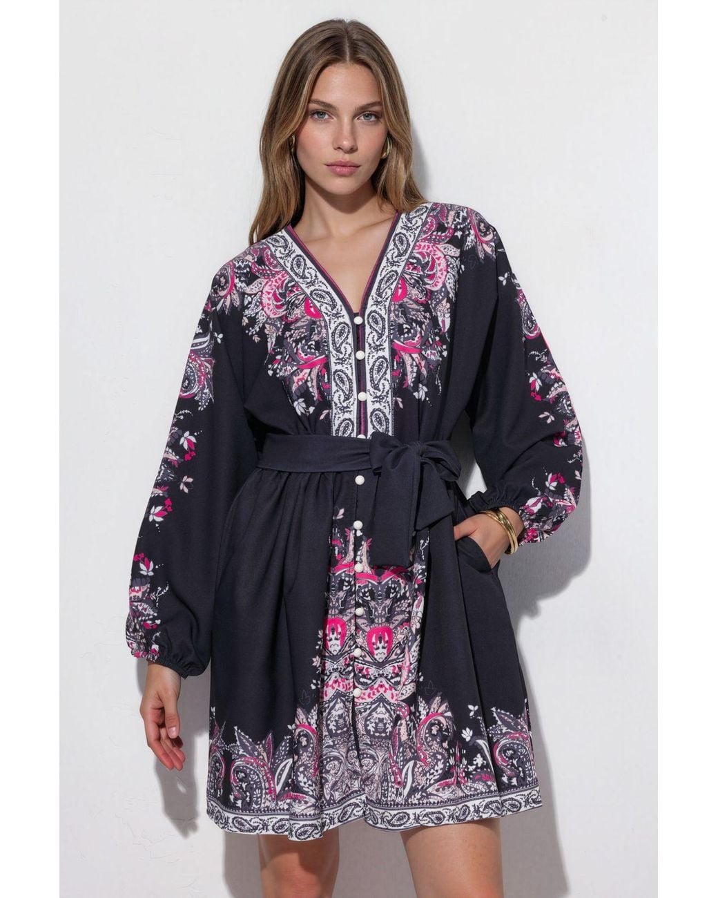 Msn-Collection Blue Belted Mini Dress With V-Neck