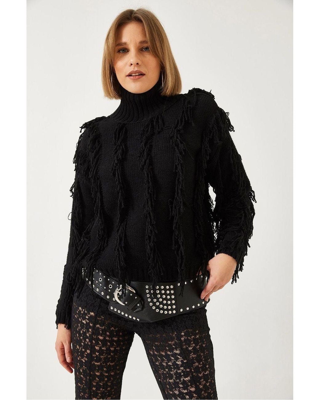Bianco Lucci Black Frilly Turtleneck Cropped Sweater