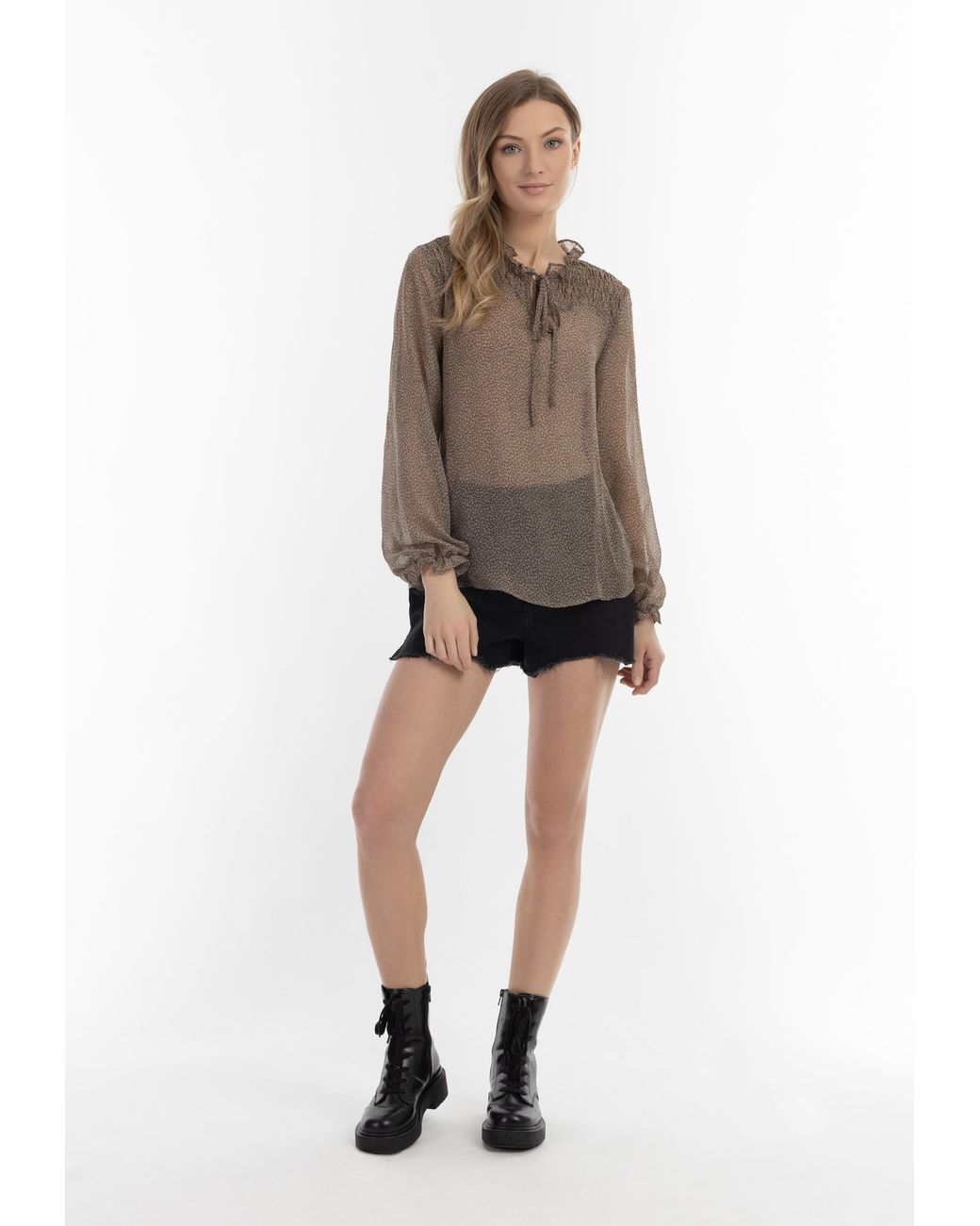 Dreimaster Blouse Dames Olijf Wol Wit in het Brown