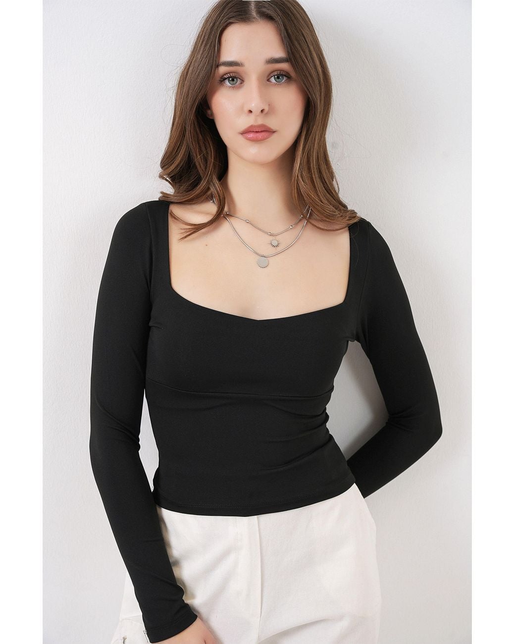 Bigdart Black Long Sleeve Fitted Blouse With Heart Collar
