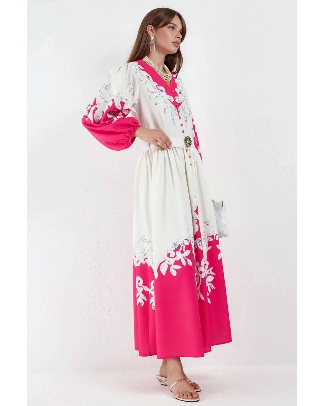 Msn-Collection Pink Floral Maxi Dress With V-Neck And Button Detail