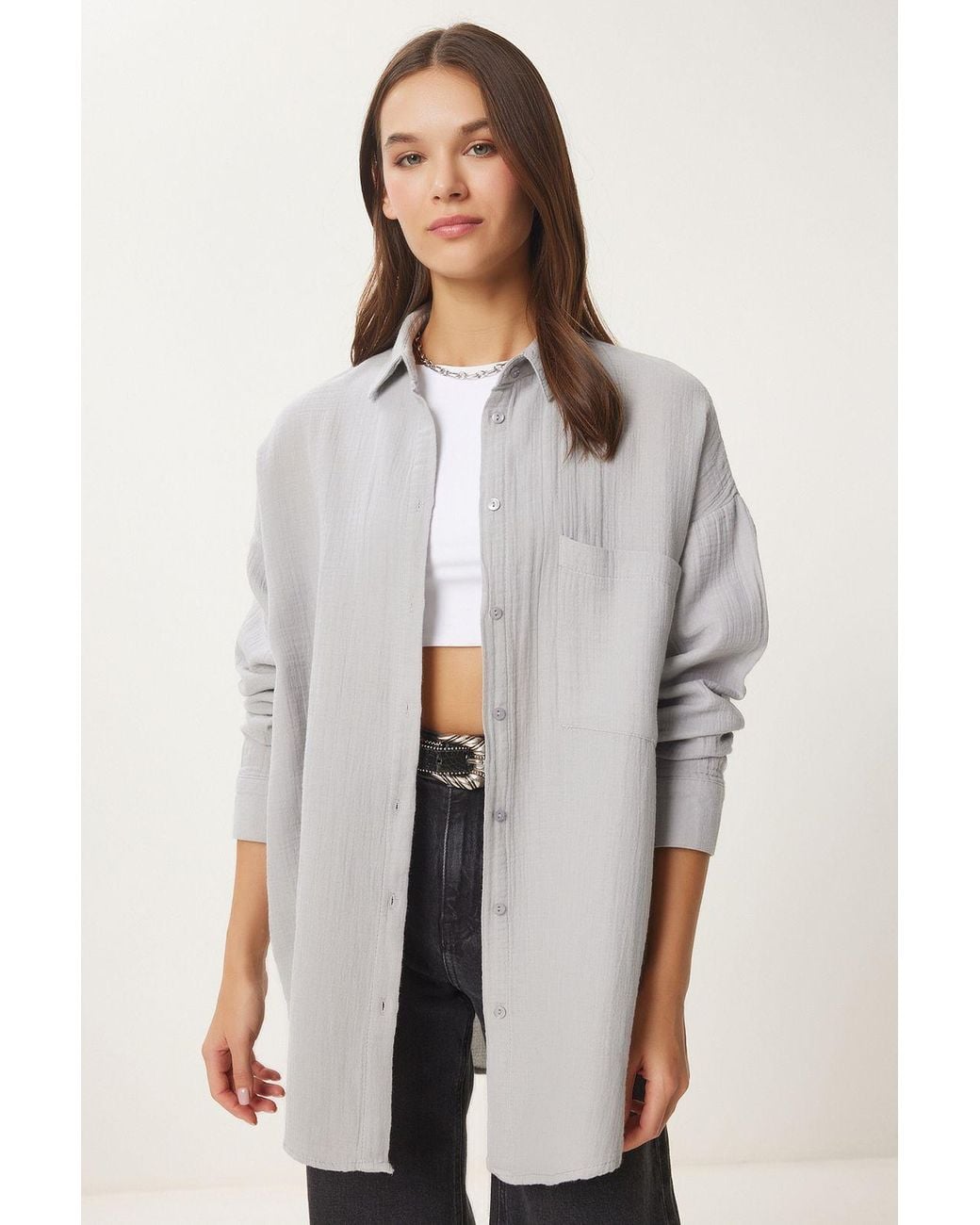 Happiness İstanbul Gray Oversized Textured Cotton Shirt With Pocket