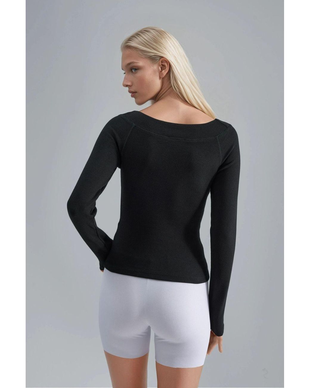Busem Slim Fit Geribbelde Bootneck Blouse in het Black